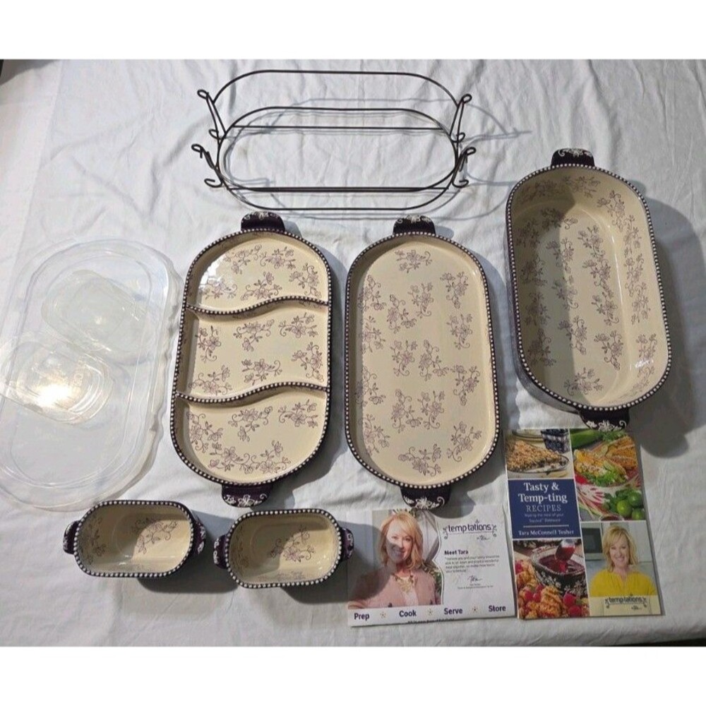 Ceramic Bakeware Set NIB Temp-tations Eggplant Purple Floral 10 Pc Squoval